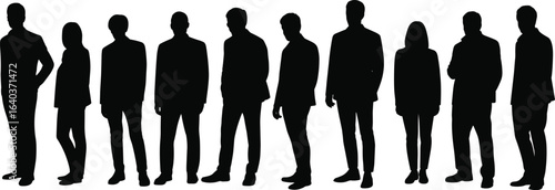 Silhouettes of business people standing in a row, corporate team, formal attire, office workers, teamwork concept, vector illustration, isolated background