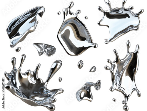 Dynamic silver liquid splashes and droplets isolated on transparent background