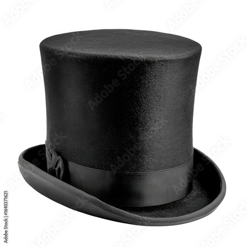 Classic black top hat with ribbon detail isolated on transparent background