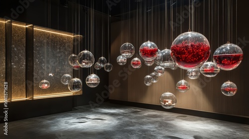 A modern art installation featuring spherical glass orbs filled with red liquid, suspended in a dimly lit space, creating an intriguing visual effect.