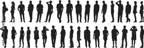 Silhouettes of diverse people standing, walking, posing, men and women, casual clothing, vector illustration, crowd concept, human figures, black shadows, group diversity, isolated on white background