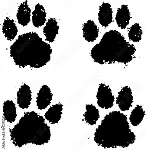 Set of Black Ink Paw Prints Isolated on White Background