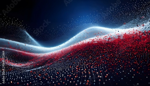 Abstract red and white particle waves on a blue background. This dynamic data flow represents technology, big data, and national themes for flags