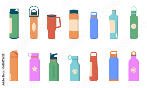 Tumblers with cover, travel thermo mugs, reusable cups for hot drinks. Different designs of thermos for take away coffee. Set of isolated vector illustrations in flat style on white background