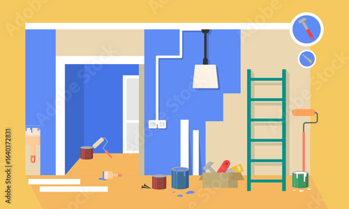 Renovation apartment flat design. Room in home, new interior. Vector illustration
