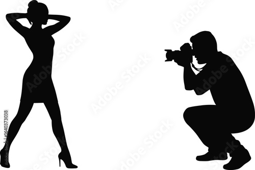 Photographer capturing stylish female model, fashion photoshoot session, professional photography scene, posing model silhouette, fashion shoot moment