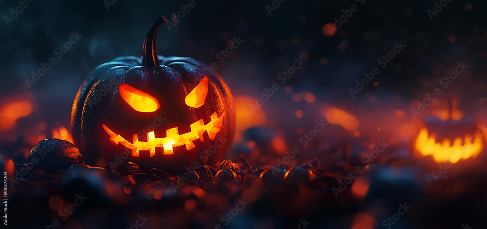 Fototapeta premium Glowing carved pumpkins creating spooky Halloween night atmosphere