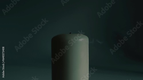 A close-up of a candle flame extinguished by a sudden gust of air, leaving a thin trail of smoke on a dark, gloomy background.