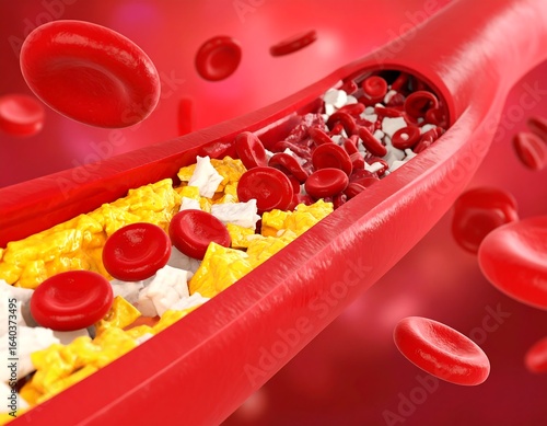 Illustration depicting atherosclerosis: Fat buildup inside artery with red cells