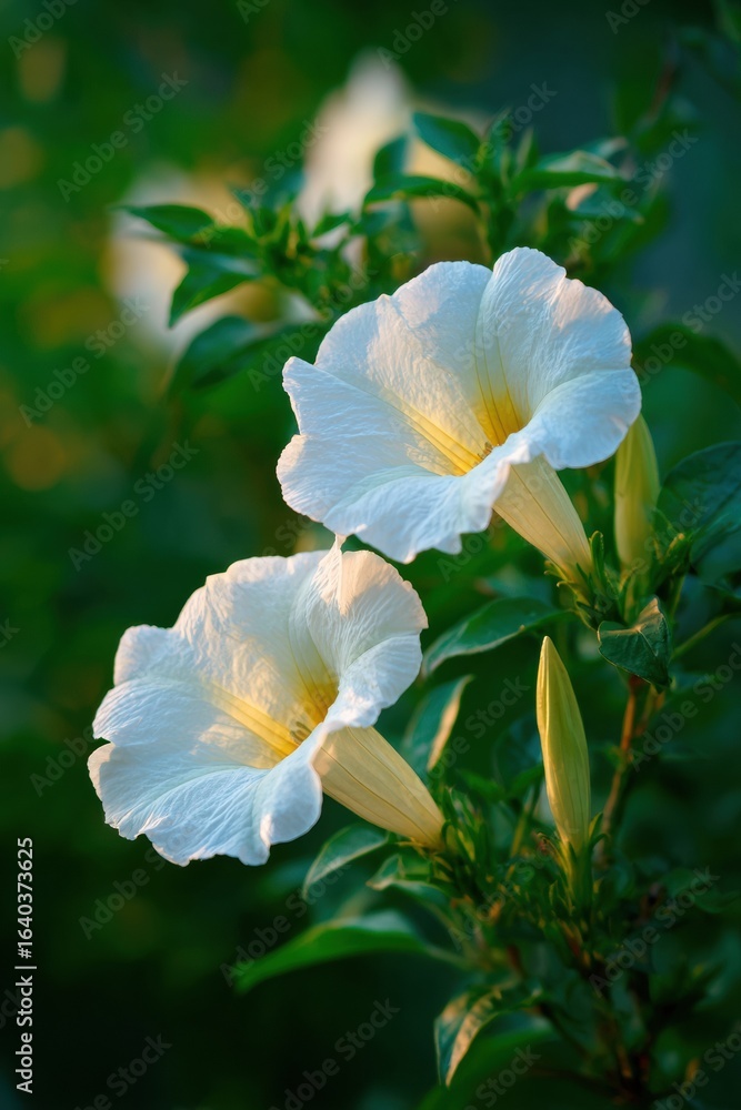 Fototapeta premium White flowers with yellow centers on green background, gardening marketing concept, nature tourism promotion, eco-friendly product campaign