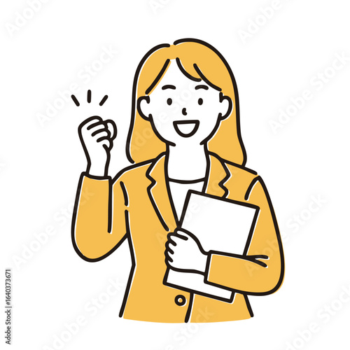 Businesswoman Fist Pump with Clipboard, minimal line art illustration