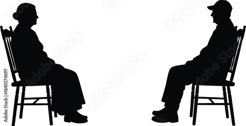 Silhouette of elderly man and woman sitting on chairs, senior couple facing each other, peaceful moment, aging, retirement, quiet life.