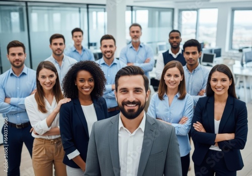 Diverse professional team posing confidently in modern office setting
