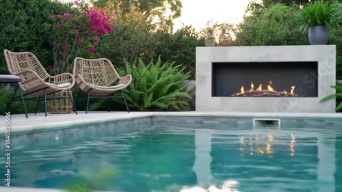 Backyard swimming pool and fireplace with motion blur