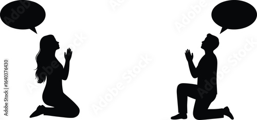 Silhouette of man and woman praying with speech bubbles, religious concept, communication with God, spiritual conversation, isolated on white