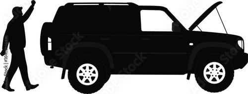 Silhouette of man signaling for help, SUV with open hood, roadside breakdown, car trouble, vehicle emergency, mechanical failure