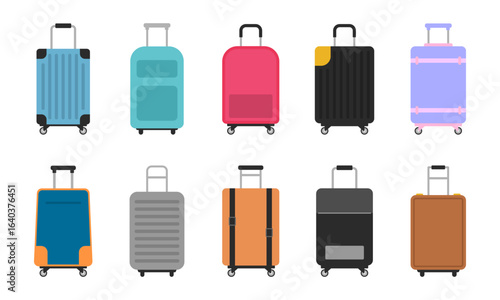 Set of luggage collection, colorful Travel luggage set for travel or journey, Suitcase plastic bag, travel bag luggage summer tour with bags and suitcases. accessory briefcase. vector illustration