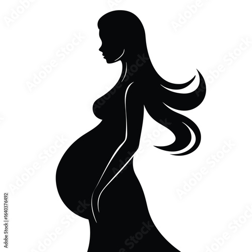Pregnant woman silhouette with flowing hair black and white