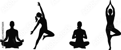 Silhouette of people practicing yoga and meditation, balanced posture, peaceful mind, flexibility training, calm lifestyle, health and wellness illustration.