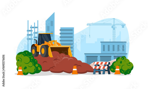 Construction site work in progress with machines vector illustration. Building house with cranes flat style. Infrastructure, rebuild concept