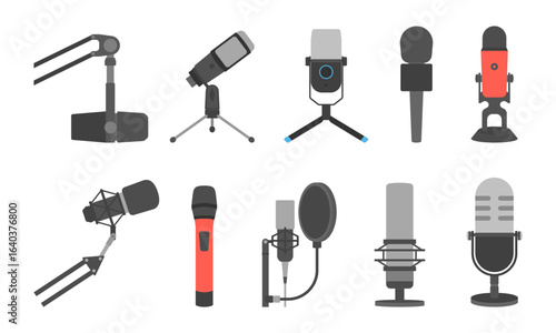 Microphone vector microphones for audio podcast broadcast or music record technology set of broadcasting concert equipment illustration isolated on white background