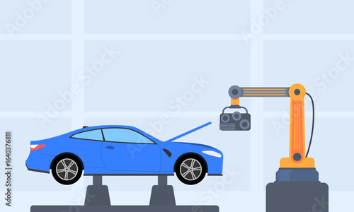 Industrial automated machinery manufacturing template with robotic arms and manipulators working on assembly line vector illustration