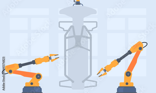 Industrial automated machinery manufacturing template with robotic arms and manipulators working on assembly line vector illustration