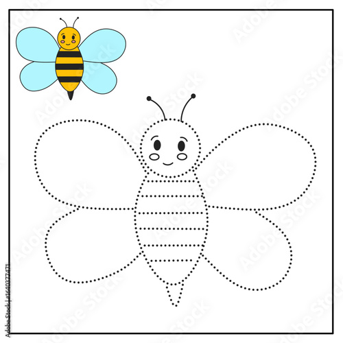 Bee tracing worksheet for preschool kids. Fun prewriting activity to practice fine motor skills, early drawing, and insect recognition. Great for spring educational themes.