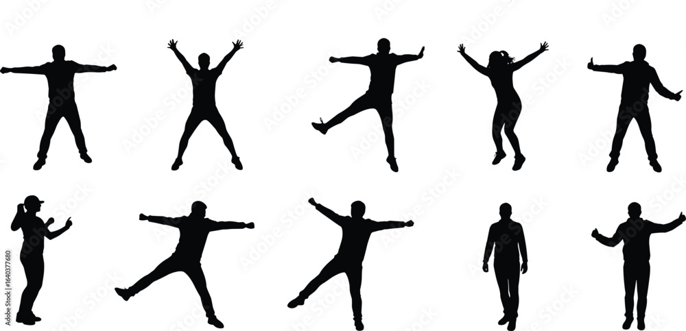 Fototapeta premium Silhouettes of active people jumping, posing, and standing in various energetic body positions, isolated on a clean white background.