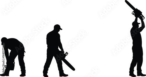 Silhouette of worker with chainsaw in various poses, lumberjack, tree cutting, construction labor, safety gear, power tool operation.