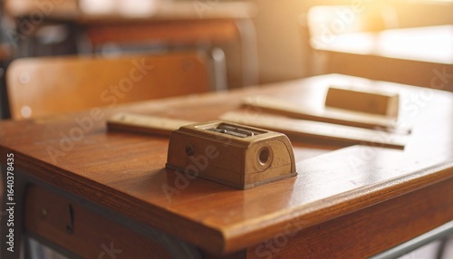 Wallpaper Mural Old Wooden School Desk with Well-Used Ruler and Vintage Pencil Sharpener in Selective Focus
 Torontodigital.ca