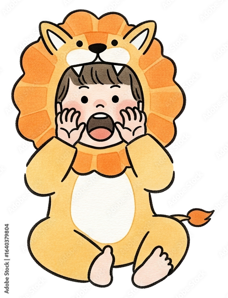 Obraz premium A child wearing a lion costume, expressing excitement with a surprised facial expression and hands raised to their mouth.