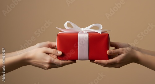 Red gift box with white ribbon being exchanged between two hands, minimal holiday concept on beige background