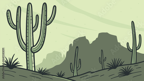 Cartoon drawing of a desert landscape featuring several cactus trees under a clear blue sky.