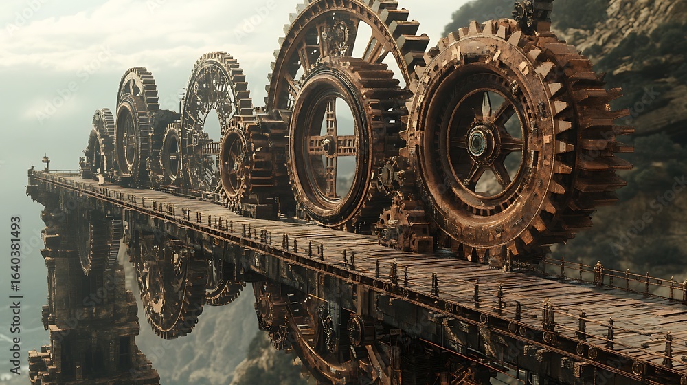 Fototapeta premium Intricate mechanical gears on bridge across landscape
