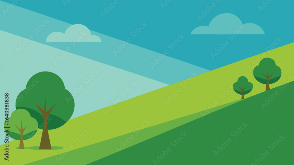Fototapeta premium A flat design depicting a green hill adorned with several stylized trees against a simple background.