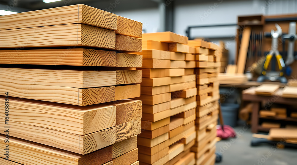 Obraz premium Stacks of lumber drying in carpentry workshop