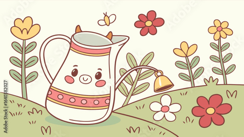 Cute cow pitcher in a flower garden illustration vector graphic for kids design and decoration