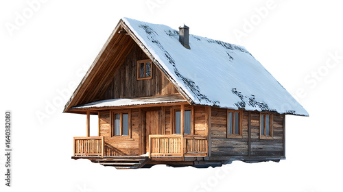 Snowy wooden cabin, isolated on transparent background
