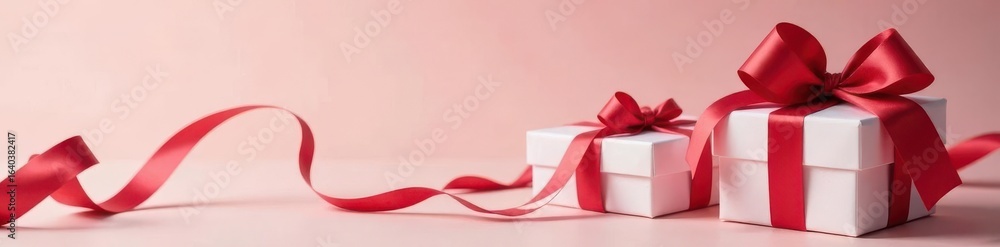 Fototapeta premium Elegant red ribbon adorns pristine white gift boxes , tie, simple