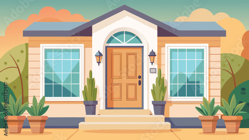 A house featuring a welcoming front door surrounded by vibrant potted plants on either side.