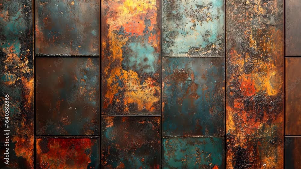 Abstract textured metal wall with rust and patina in warm colors, ideal for backgrounds or designs
