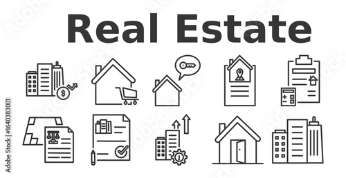 Set collection of real estate icon pack in modern outline style for property business including houses apartments buildings maps keys and construction elements for professional graphic design use