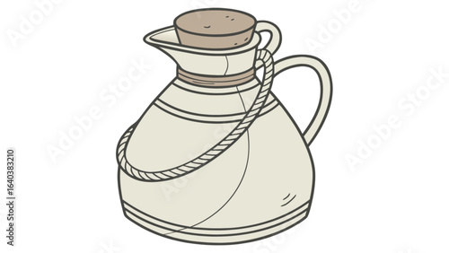 Drawing of vintage stoneware pitcher with cork stopper and rope handle illustration vector art