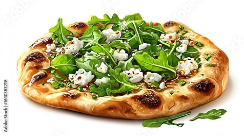 A rustic, thin-crust pizza topped with fresh arugula, crumbled goat cheese, and a light vinaigrette dressing. The crust is golden brown and slightly charred, and isolated on a white background