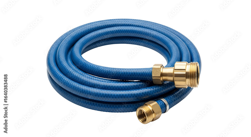 Coiled Blue Hose with Brass Fittings on Transparent Background Coiled Blue Hose with Brass Fittings on Transparent Background