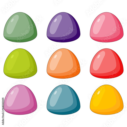 Set of assorted colorful gumdrop candies. A sweet collection of glossy, cartoon-style jelly drops isolated on white background
