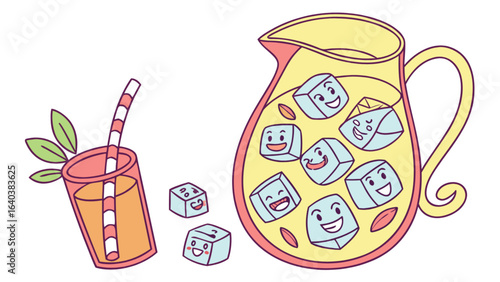 Cartoon lemonade pitcher with ice cubes and glass of juice illustration vector graphic design