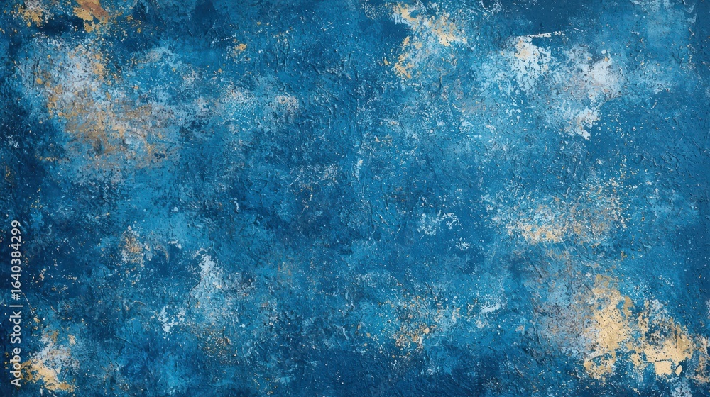 A blue and gold abstract painting with a textured, grainy surface. A blue and gold abstract painting with a textured, grainy surface.