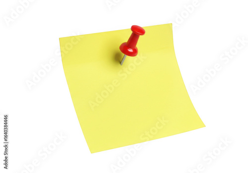 Yellow sticky note with red pin isolated on transparent background